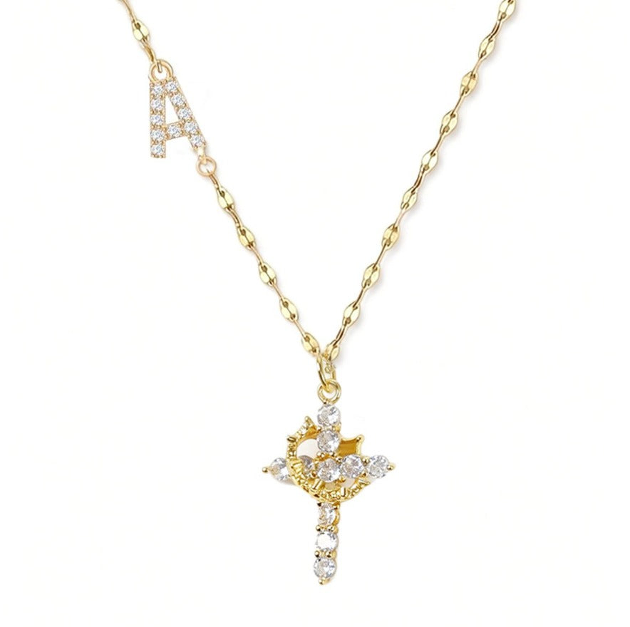 Initial Crown Cross Faith Necklace