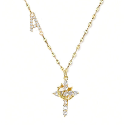 Initial Crown Cross Faith Necklace