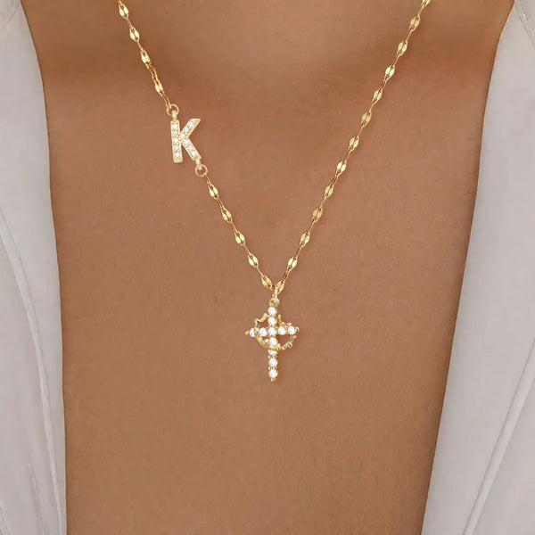 Initial Crown Cross Faith Necklace