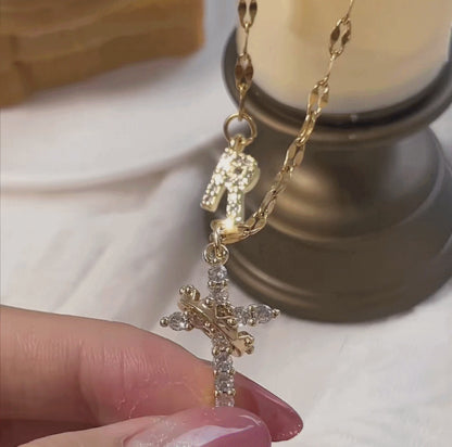 Initial Crown Cross Faith Necklace